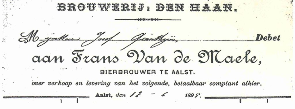 Historische factuur uit 1895 van Frans Van de Maele, bierbrouwer en grondlegger van Dranken Vandenameele in Aalst.